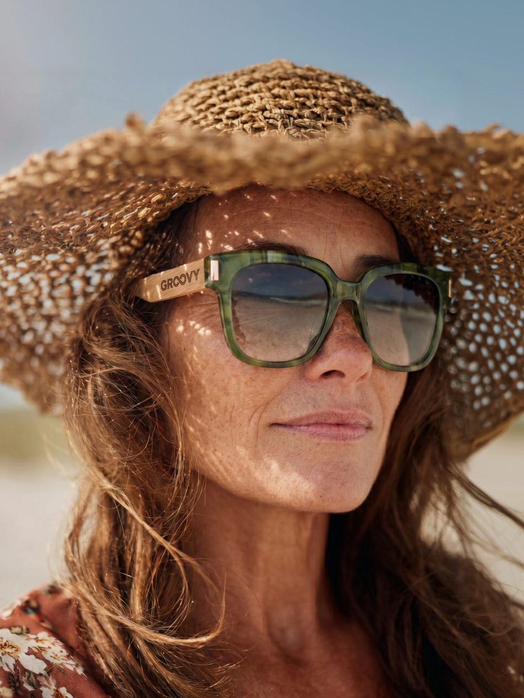 Gaia oversized square sunglasses green TR90 crystal frame bamboo temples - polarised UV400 eco-friendly sunnies Manly Beach Australia 