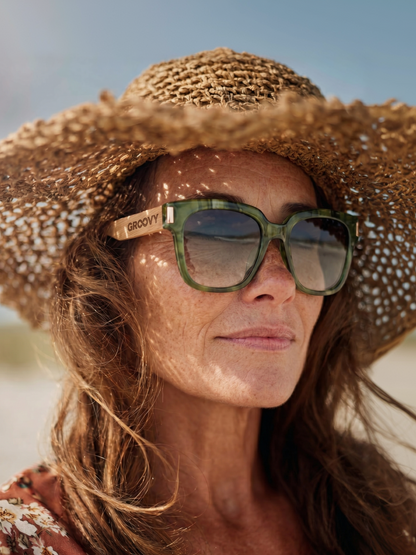 Gaia oversized square sunglasses green TR90 crystal frame bamboo temples - polarised UV400 eco-friendly sunnies Manly Beach Australia 