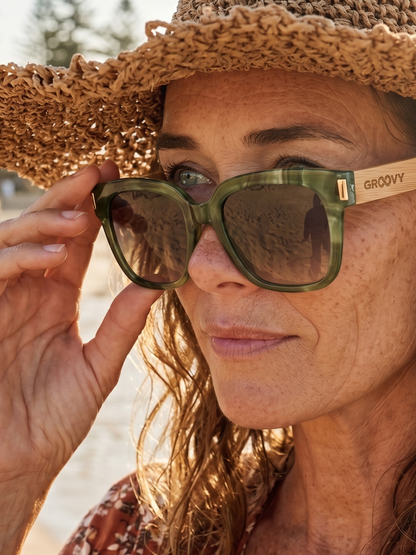 Gaia oversized square sunglasses green TR90 crystal frame bamboo temples - polarised UV400 eco-friendly sunnies Manly Beach Australia 