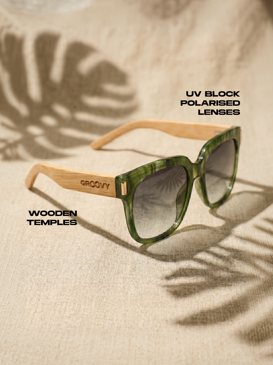 Gaia oversized square sunglasses green TR90 crystal frame bamboo temples - polarised UV400 eco-friendly sunnies Manly Beach Australia 