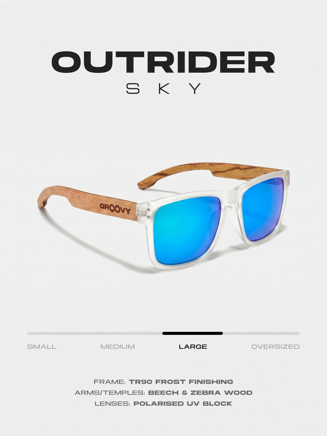 Outrider square sunglasses sky TR90 frame beech zebra wood temples - polarised UV400 eco-friendly sunnies Manly Beach Australia 