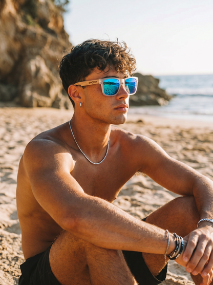 Outrider square sunglasses sky TR90 frame beech zebra wood temples - polarised UV400 eco-friendly sunnies Manly Beach Australia 