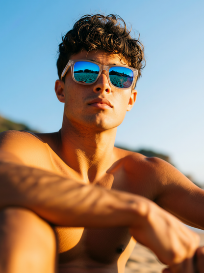 Outrider square sunglasses sky TR90 frame beech zebra wood temples - polarised UV400 eco-friendly sunnies Manly Beach Australia 