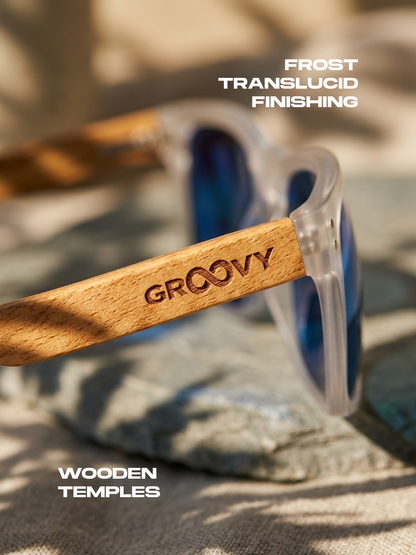 Outrider square sunglasses sky TR90 frame beech zebra wood temples - polarised UV400 eco-friendly sunnies Manly Beach Australia 
