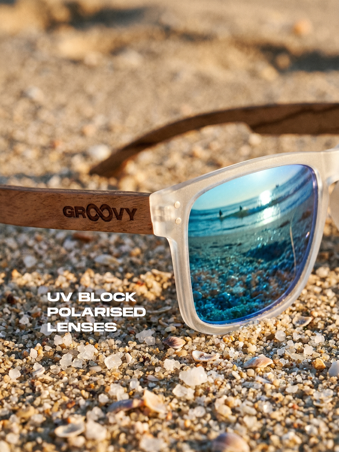 Outrider square sunglasses sky TR90 frame beech zebra wood temples - polarised UV400 eco-friendly sunnies Manly Beach Australia 