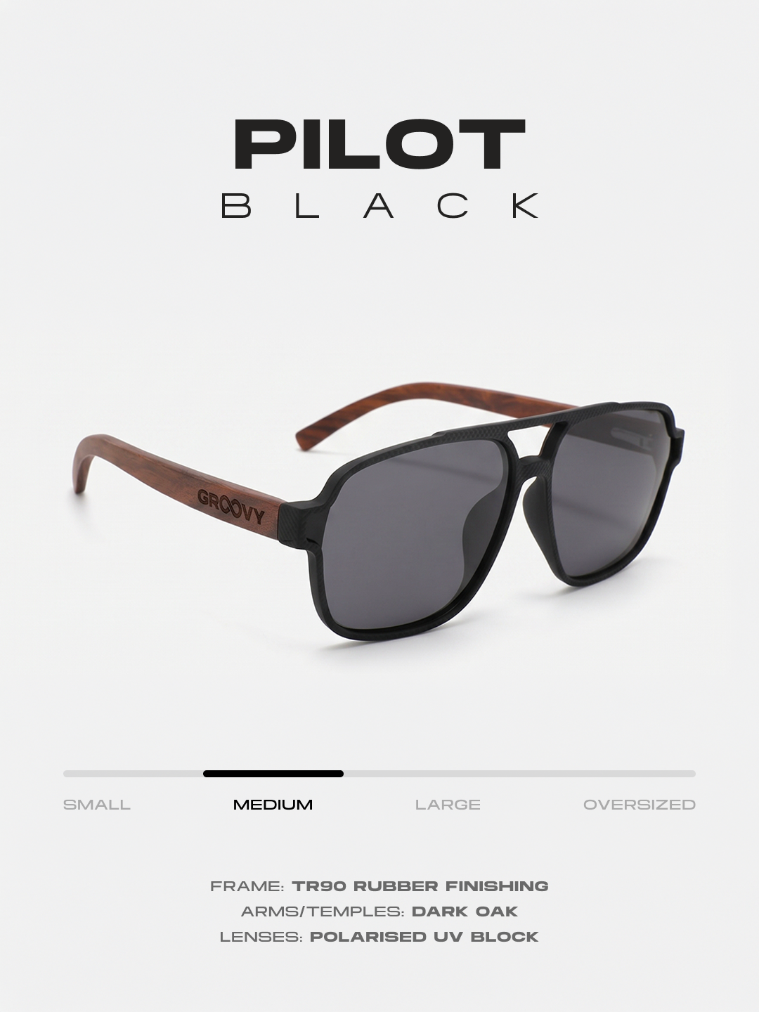 Pilot aviator sunglasses black TR90 rubber frame dark oak wood temples - polarised UV400 eco-friendly sunnies Manly Beach Australia 