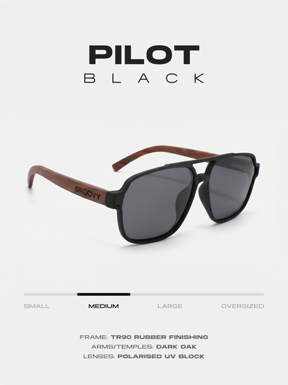 Pilot aviator sunglasses black TR90 rubber frame dark oak wood temples - polarised UV400 eco-friendly sunnies Manly Beach Australia 