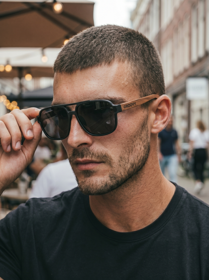 Pilot aviator sunglasses black TR90 rubber frame dark oak wood temples - polarised UV400 eco-friendly sunnies Manly Beach Australia 