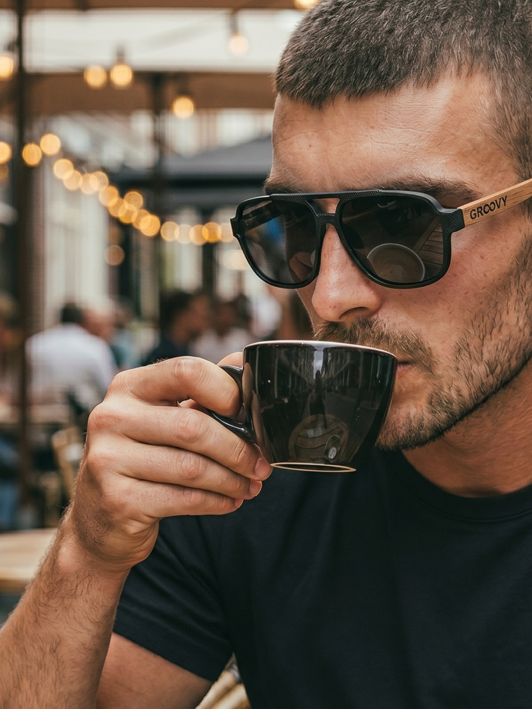 Pilot aviator sunglasses black TR90 rubber frame dark oak wood temples - polarised UV400 eco-friendly sunnies Manly Beach Australia 