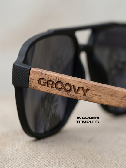 Pilot aviator sunglasses black TR90 rubber frame dark oak wood temples - polarised UV400 eco-friendly sunnies Manly Beach Australia 