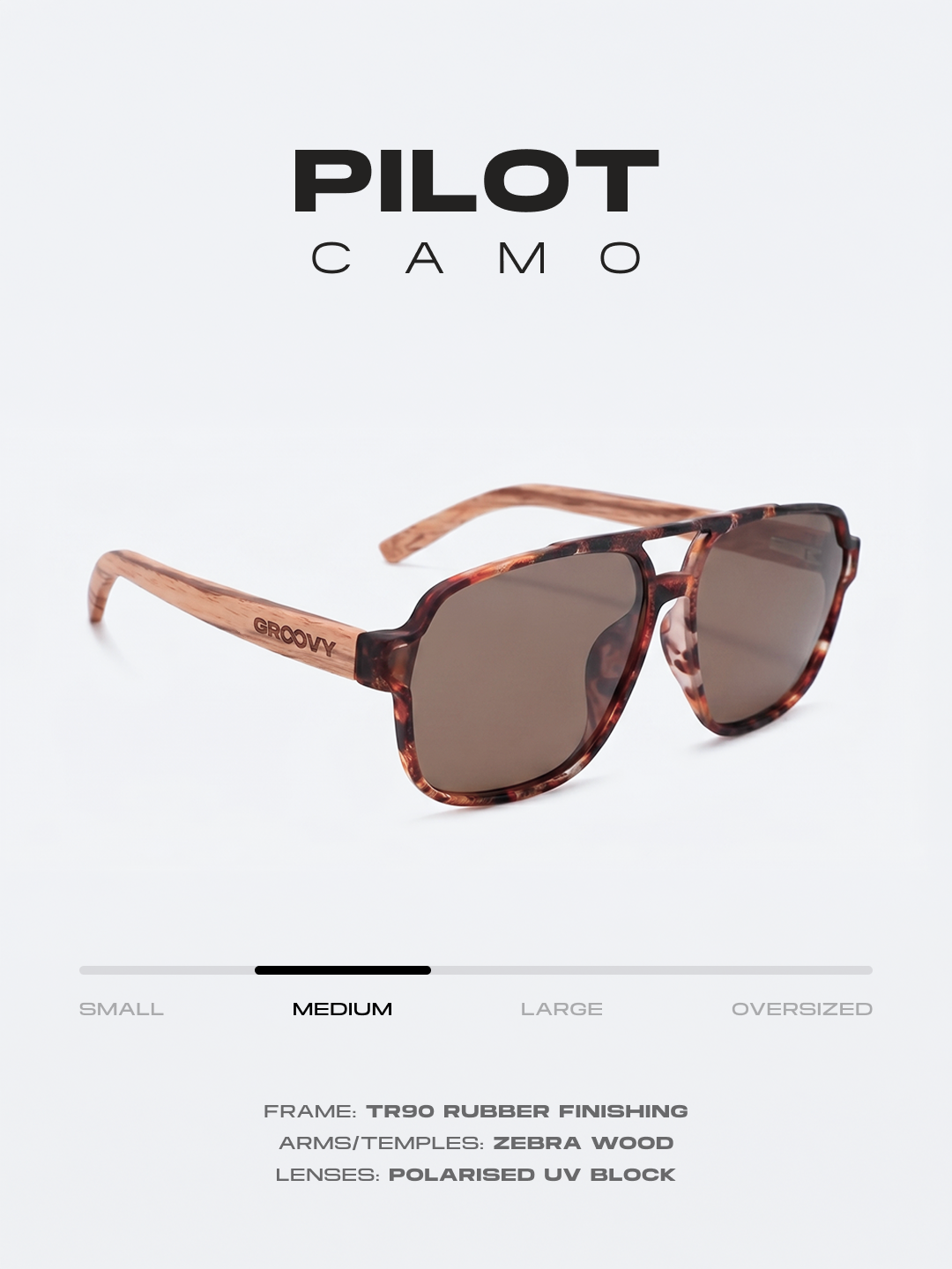Pilot aviator sunglasses camo TR90 rubber frame zebra wood temples - polarised UV400 eco-friendly sunnies Manly Beach Australia 