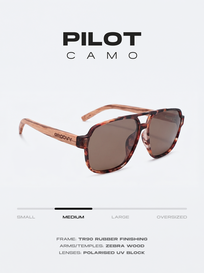 Pilot aviator sunglasses camo TR90 rubber frame zebra wood temples - polarised UV400 eco-friendly sunnies Manly Beach Australia 