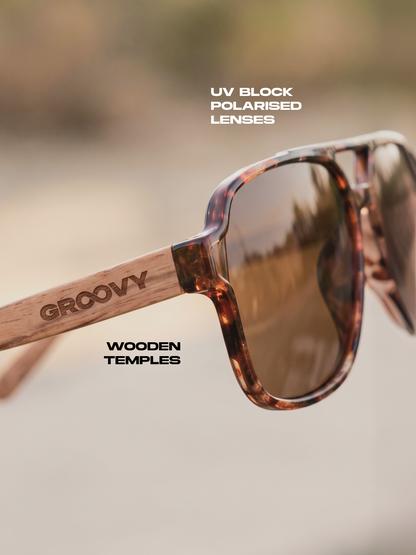 Pilot aviator sunglasses camo TR90 rubber frame zebra wood temples - polarised UV400 eco-friendly sunnies Manly Beach Australia 