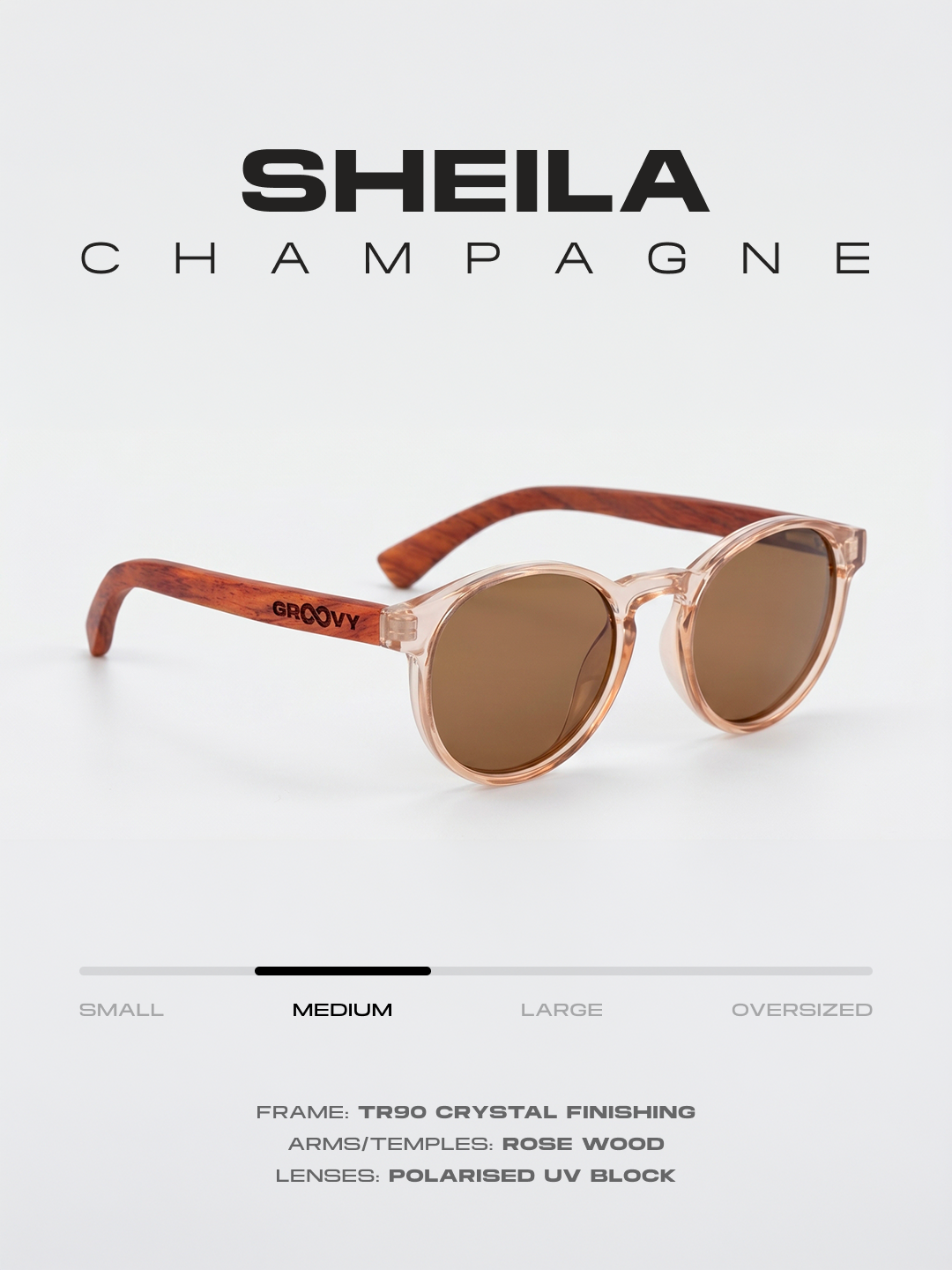 Sheila round sunglasses champagne TR90 crystal frame rose wood temples - polarised UV400 eco-friendly sunnies Manly Beach Australia #color_champagne