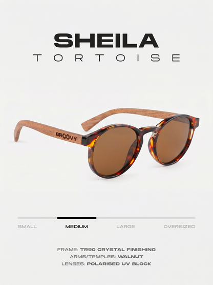 Sheila round sunglasses tortoise TR90 crystal frame walnut wood temples - polarised UV400 eco-friendly sunnies Manly Beach Australia 