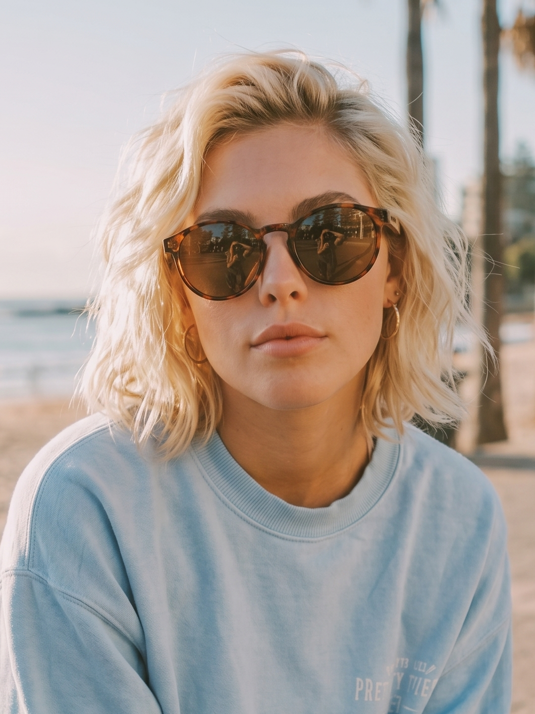 Sheila round sunglasses tortoise TR90 crystal frame walnut wood temples - polarised UV400 eco-friendly sunnies Manly Beach Australia 