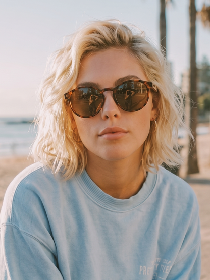 Sheila round sunglasses tortoise TR90 crystal frame walnut wood temples - polarised UV400 eco-friendly sunnies Manly Beach Australia 