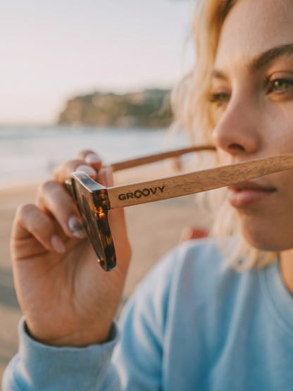 Sheila round sunglasses tortoise TR90 crystal frame walnut wood temples - polarised UV400 eco-friendly sunnies Manly Beach Australia 