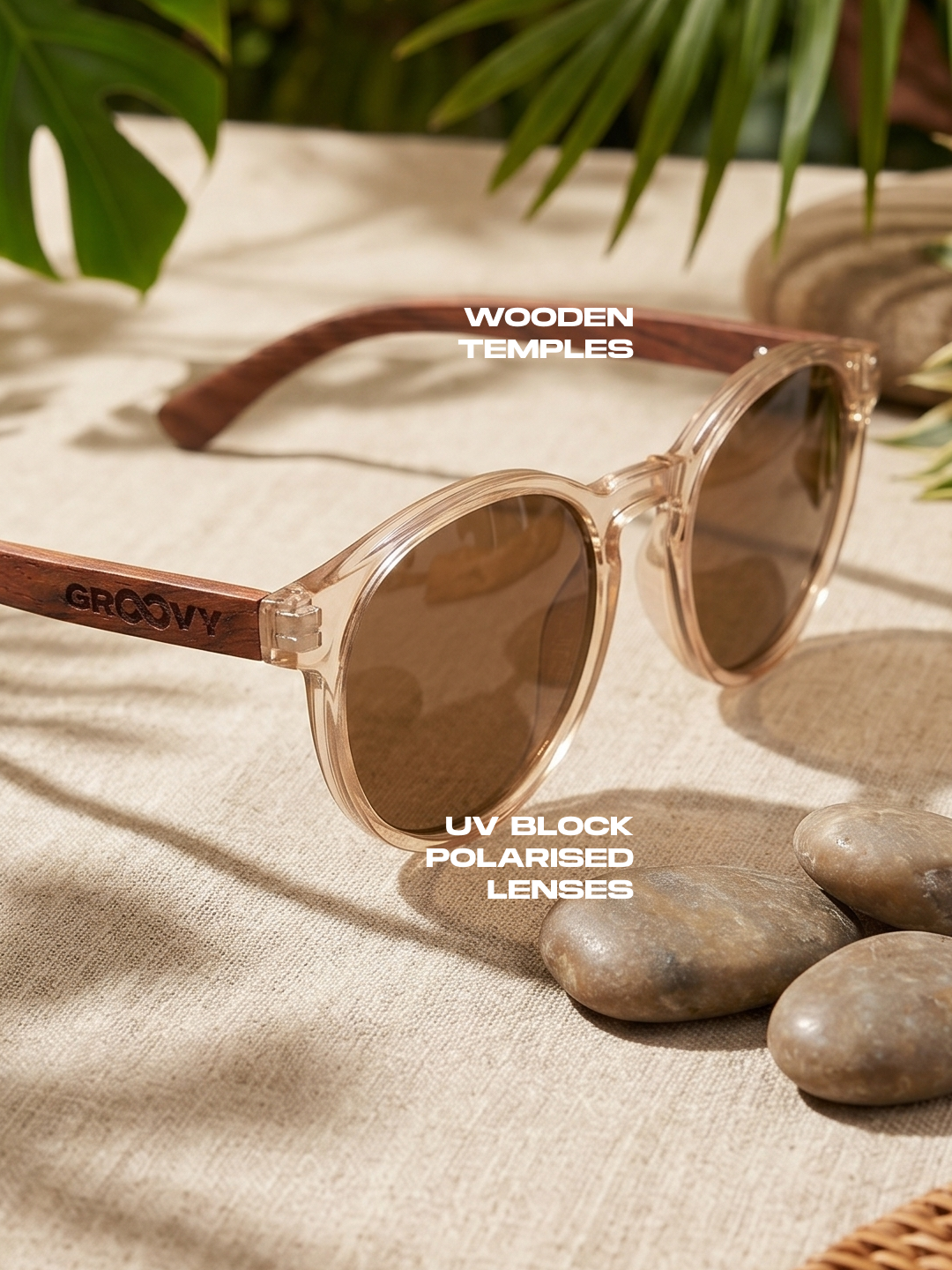 Sheila round sunglasses champagne TR90 crystal frame rose wood temples - polarised UV400 eco-friendly sunnies Manly Beach Australia 