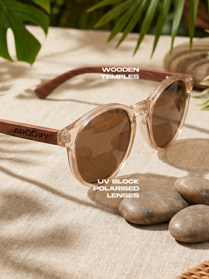 Sheila round sunglasses champagne TR90 crystal frame rose wood temples - polarised UV400 eco-friendly sunnies Manly Beach Australia 