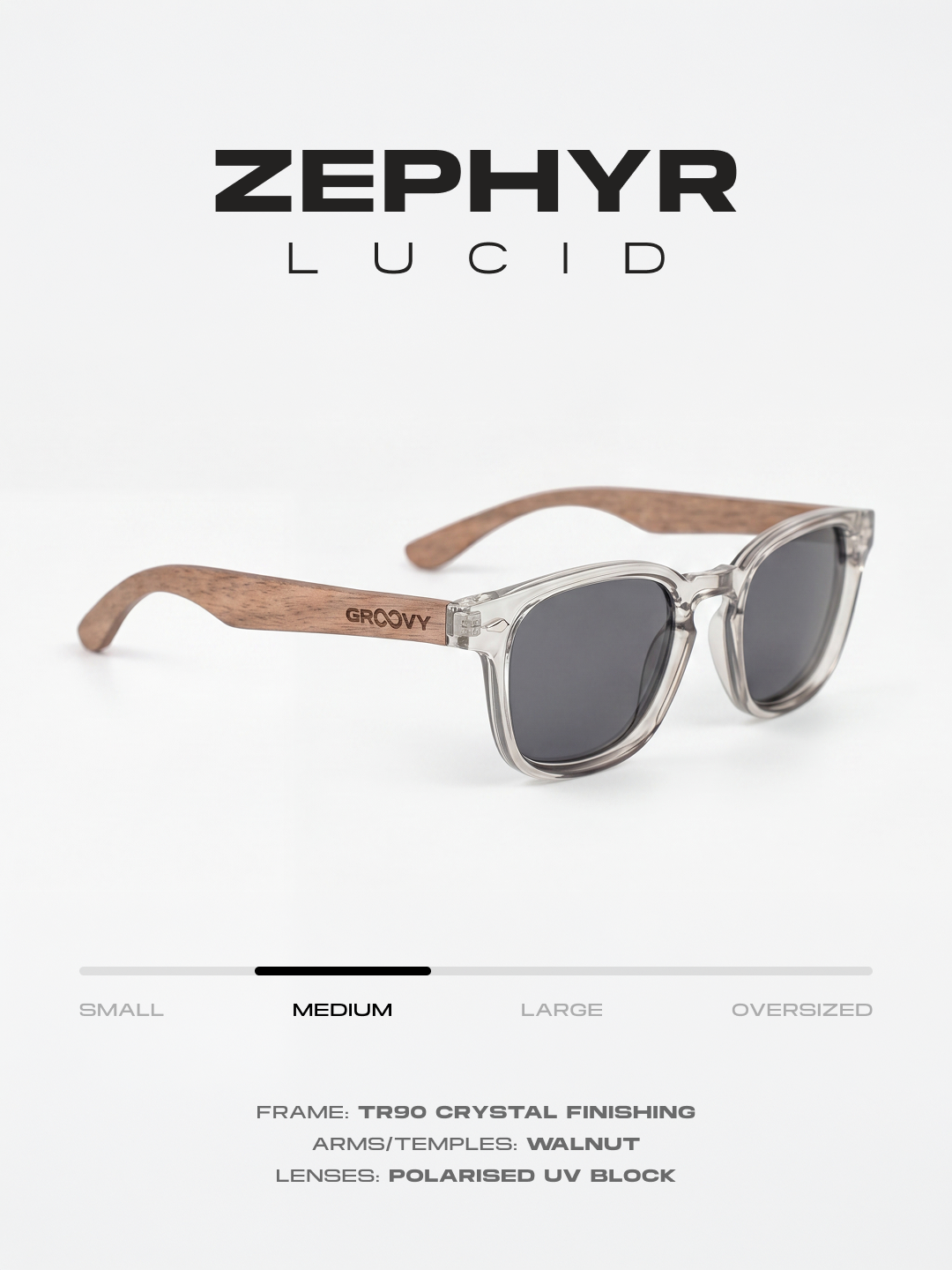 Zephyr square sunglasses lucid TR90 crystal frame walnut wood temples - polarised UV400 eco-friendly sunnies Manly Beach Australia #color_lucid