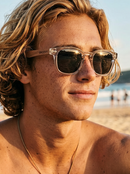 Zephyr square sunglasses lucid TR90 crystal frame walnut wood temples - polarised UV400 eco-friendly sunnies Manly Beach Australia 
