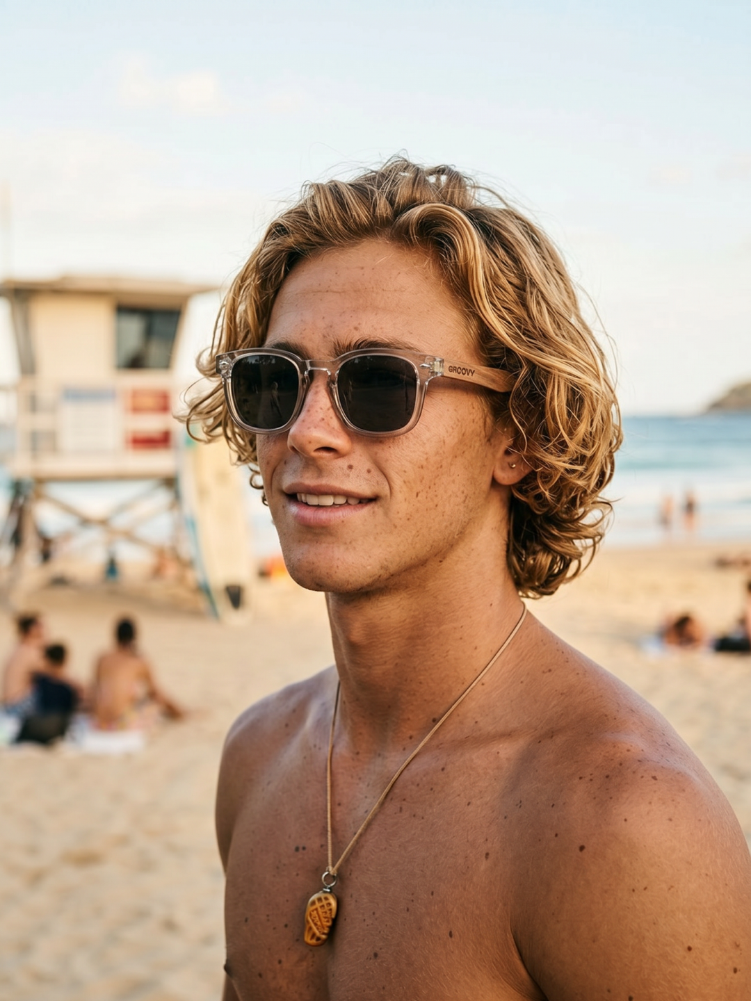Zephyr square sunglasses lucid TR90 crystal frame walnut wood temples - polarised UV400 eco-friendly sunnies Manly Beach Australia 