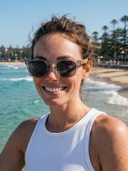 Zephyr square sunglasses lucid TR90 crystal frame walnut wood temples - polarised UV400 eco-friendly sunnies Manly Beach Australia 