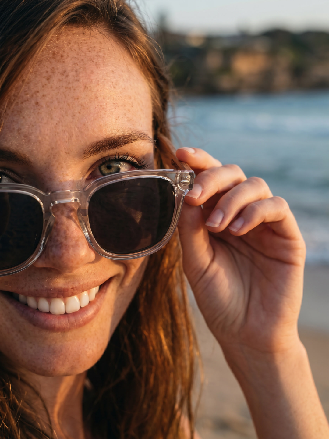 Zephyr square sunglasses lucid TR90 crystal frame walnut wood temples - polarised UV400 eco-friendly sunnies Manly Beach Australia 