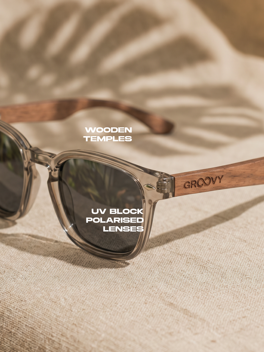 Zephyr square sunglasses lucid TR90 crystal frame walnut wood temples - polarised UV400 eco-friendly sunnies Manly Beach Australia 
