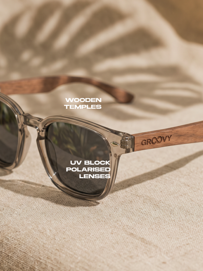 Zephyr square sunglasses lucid TR90 crystal frame walnut wood temples - polarised UV400 eco-friendly sunnies Manly Beach Australia 