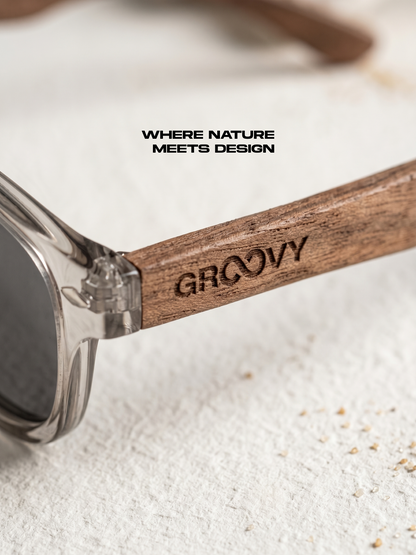 Zephyr square sunglasses lucid TR90 crystal frame walnut wood temples - polarised UV400 eco-friendly sunnies Manly Beach Australia 