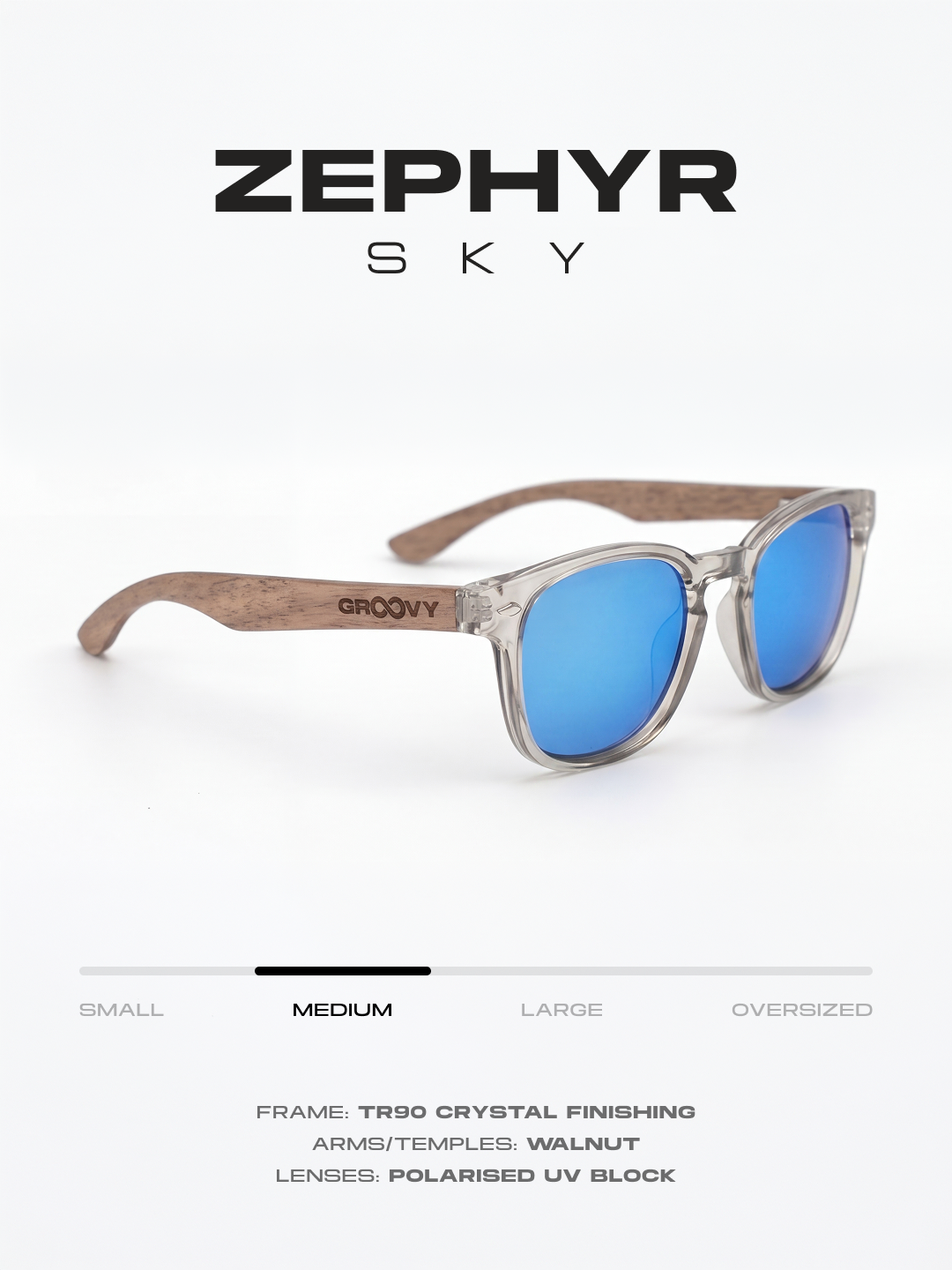 Zephyr square sunglasses sky TR90 crystal frame walnut wood temples - polarised UV400 eco-friendly sunnies Manly Beach Australia 