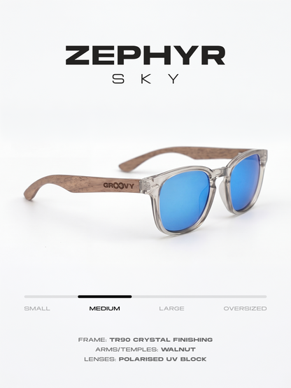 Zephyr square sunglasses sky TR90 crystal frame walnut wood temples - polarised UV400 eco-friendly sunnies Manly Beach Australia 