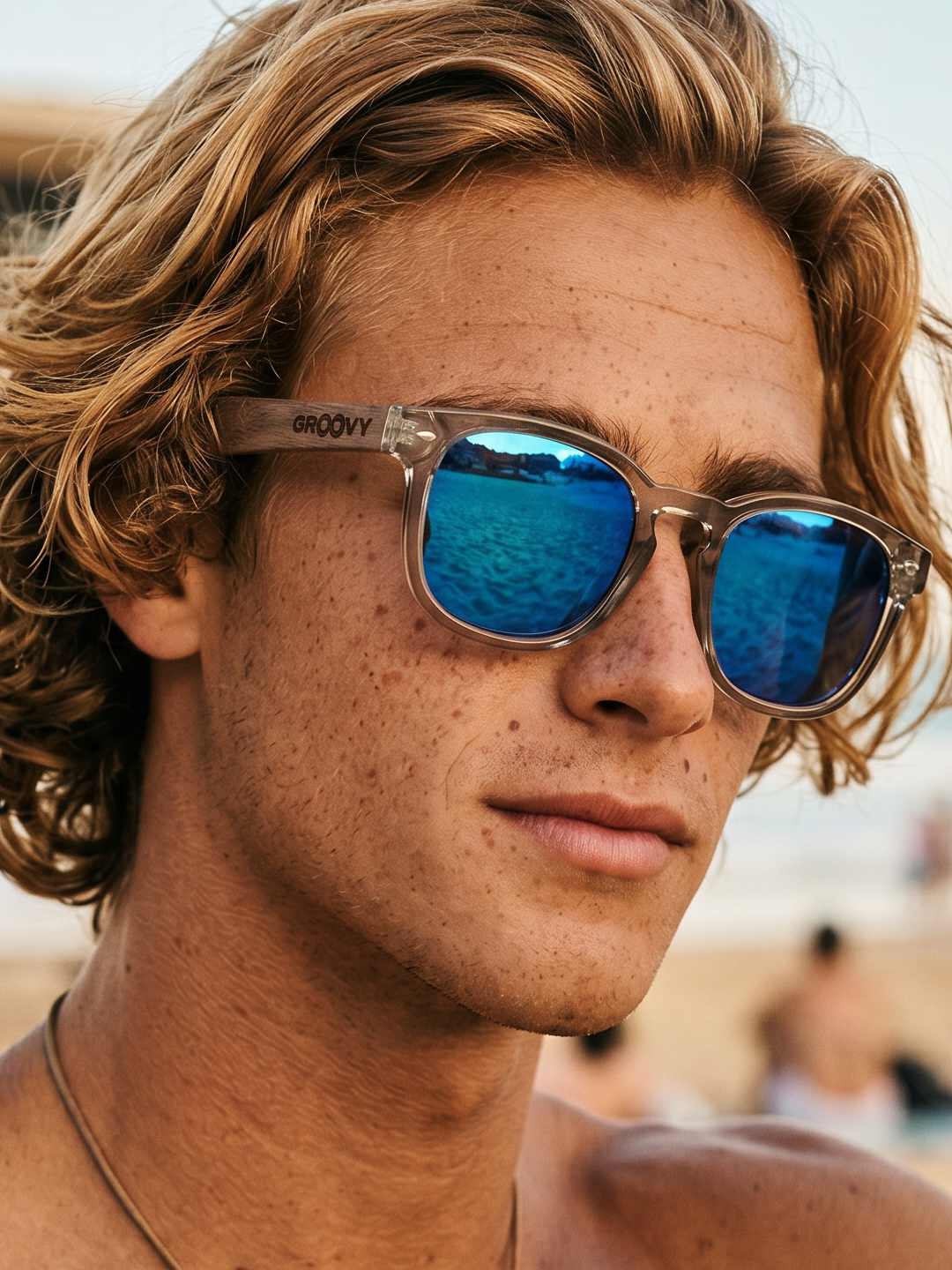 Zephyr square sunglasses sky TR90 crystal frame walnut wood temples - polarised UV400 eco-friendly sunnies Manly Beach Australia 