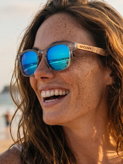 Zephyr square sunglasses sky TR90 crystal frame walnut wood temples - polarised UV400 eco-friendly sunnies Manly Beach Australia 
