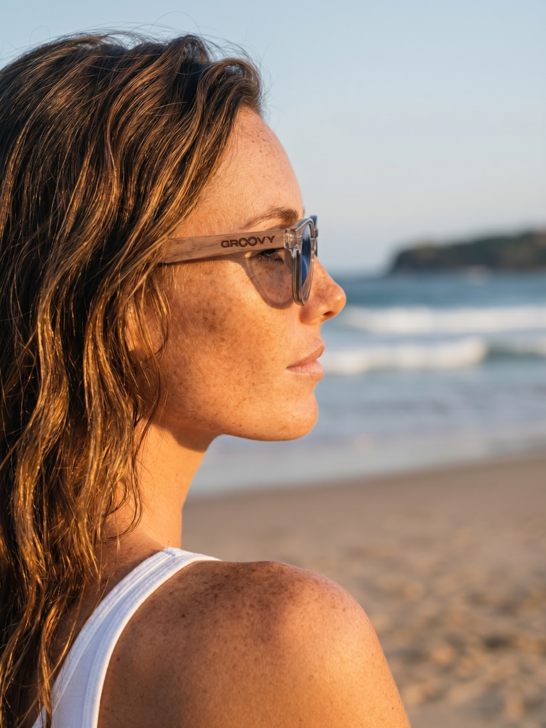 Zephyr square sunglasses sky TR90 crystal frame walnut wood temples - polarised UV400 eco-friendly sunnies Manly Beach Australia 