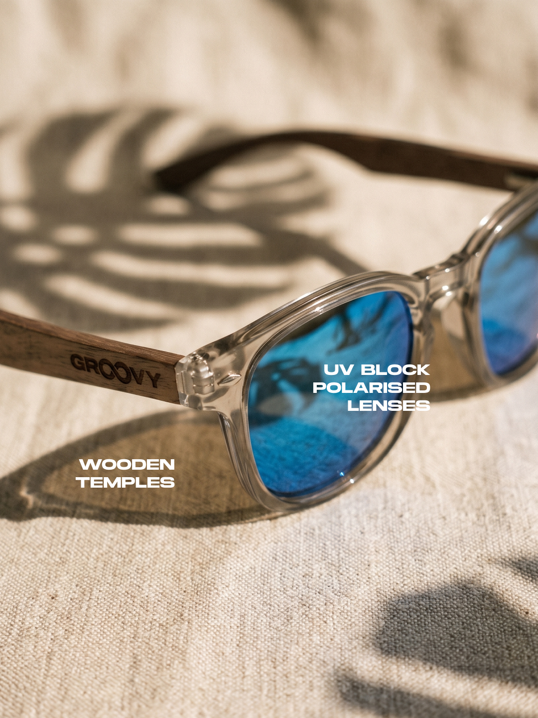 Zephyr square sunglasses sky TR90 crystal frame walnut wood temples - polarised UV400 eco-friendly sunnies Manly Beach Australia 