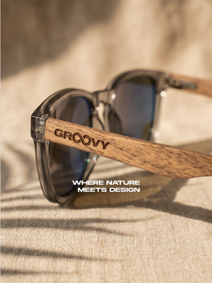 Zephyr square sunglasses sky TR90 crystal frame walnut wood temples - polarised UV400 eco-friendly sunnies Manly Beach Australia 
