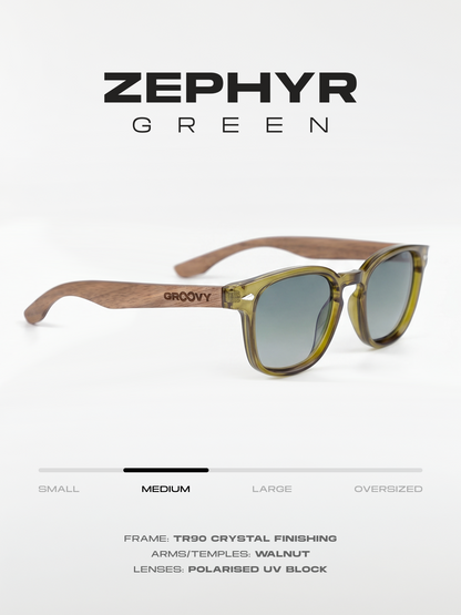 Zephyr square sunglasses green TR90 crystal frame walnut wood temples - polarised UV400 eco-friendly sunnies Manly Beach Australia 