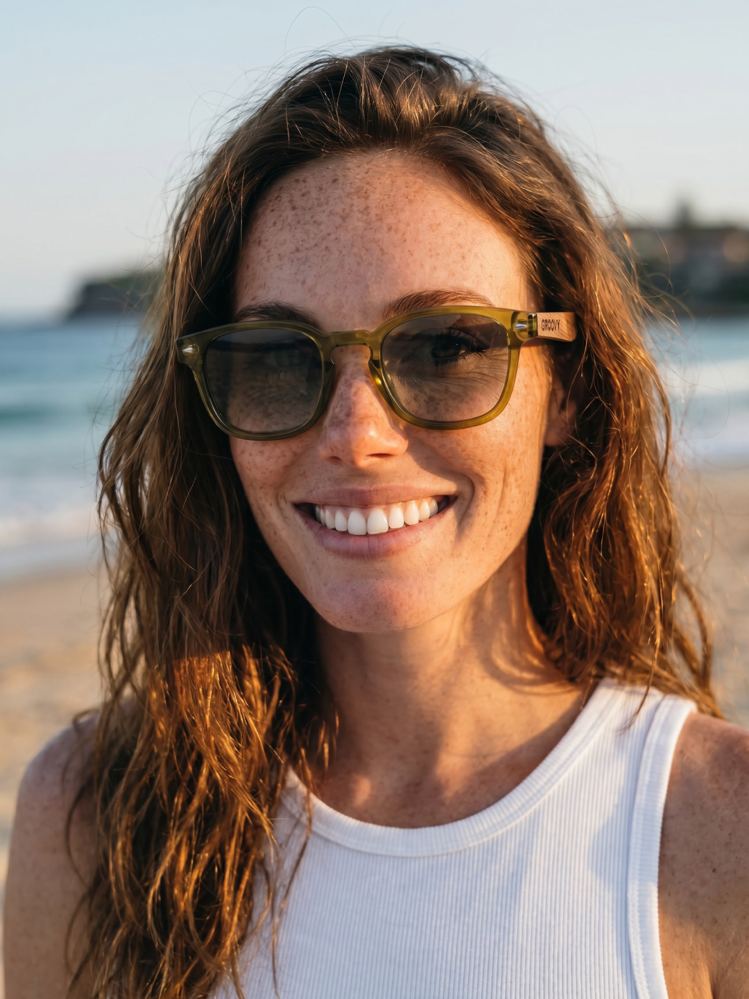 Zephyr square sunglasses green TR90 crystal frame walnut wood temples - polarised UV400 eco-friendly sunnies Manly Beach Australia 