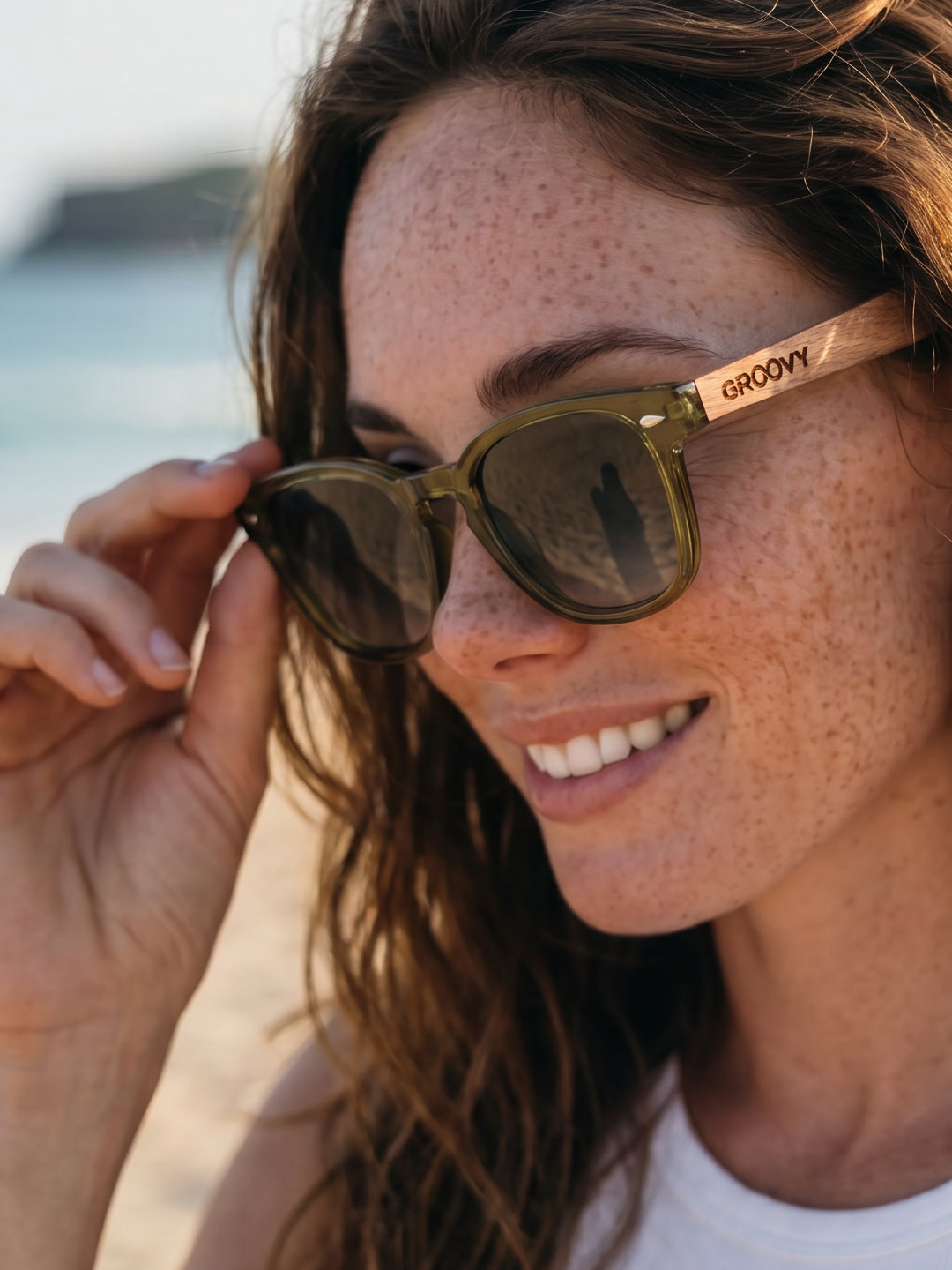 Zephyr square sunglasses green TR90 crystal frame walnut wood temples - polarised UV400 eco-friendly sunnies Manly Beach Australia 