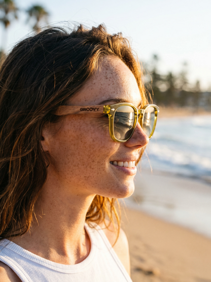 Zephyr square sunglasses green TR90 crystal frame walnut wood temples - polarised UV400 eco-friendly sunnies Manly Beach Australia 