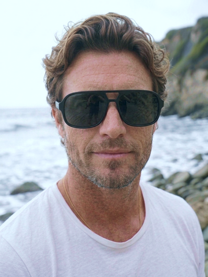 Blow oversized aviator sunglasses black recycled PET frame - polarised UV400 eco-friendly sunnies Manly Beach Australia 