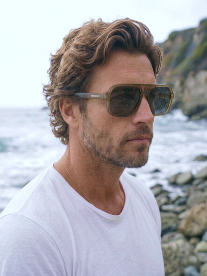 Blow oversized aviator sunglasses green recycled PET frame - polarised UV400 eco-friendly sunnies Manly Beach Australia 