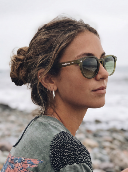 Breeze round retro sunglasses grass recycled PET frame - polarised UV400 eco-friendly sunnies Manly Beach Australia 