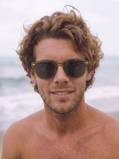 Breeze round retro sunglasses grass recycled PET frame - polarised UV400 eco-friendly sunnies Manly Beach Australia 