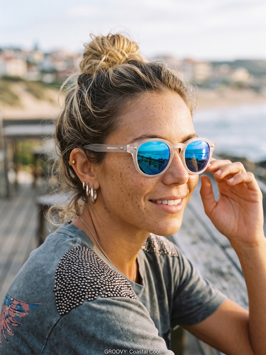 Breeze round retro sunglasses grass recycled PET frame - polarised UV400 eco-friendly sunnies Manly Beach Australia 
