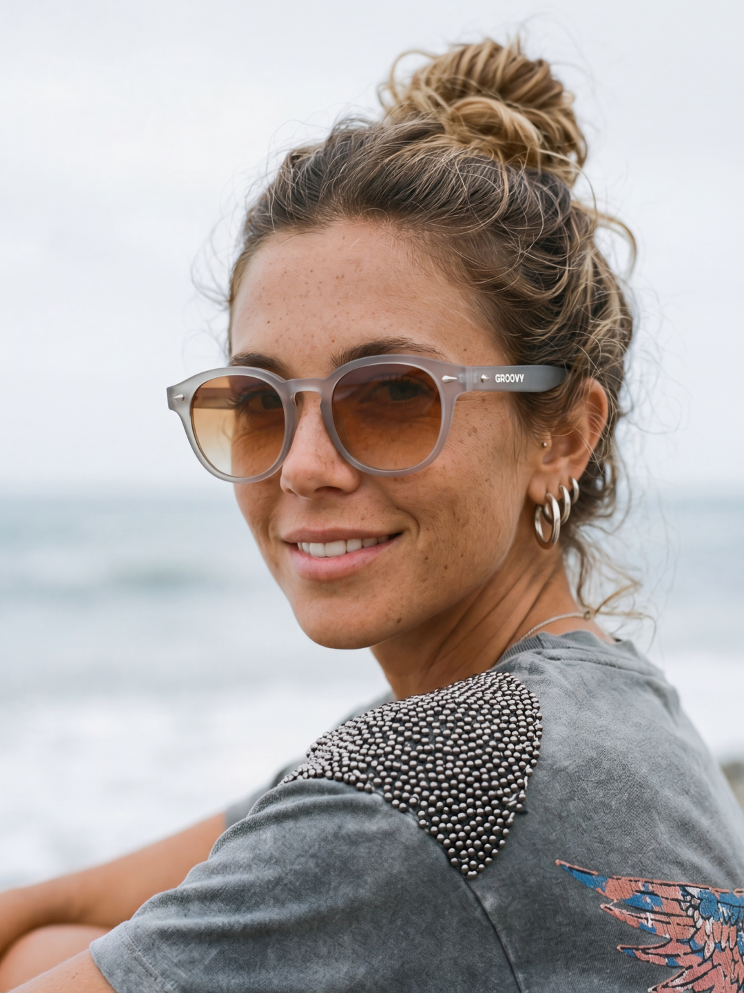 Breeze round retro sunglasses grass recycled PET frame - polarised UV400 eco-friendly sunnies Manly Beach Australia 