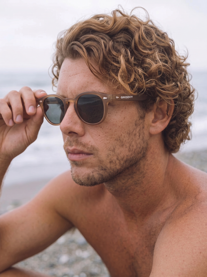 Breeze round retro sunglasses grass recycled PET frame - polarised UV400 eco-friendly sunnies Manly Beach Australia 